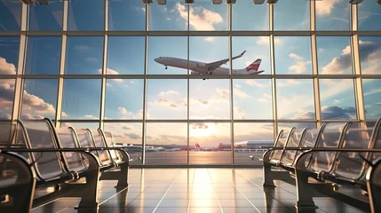 Fotobehang Generative AI : 3D Rendering : illustration of at airport terminal. view from airport looked out. big window glass. airplane flying on blue sky background.  © The Little Hut
