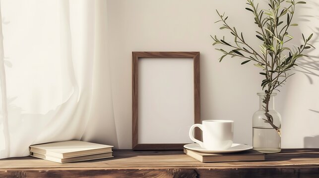 Generative AI : Breakfast still life. Cup of coffee, books and empty picture frame mockup on wooden desk