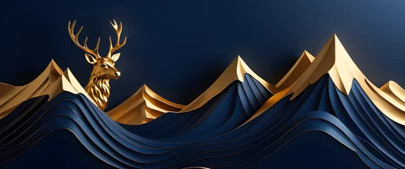 Deurstickers Majestic Golden Stag Standing Against a Backdrop of Flowing Blue carving © PLATİNUM