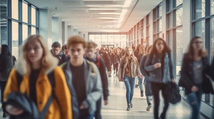 Blurred photo of middle school students walking between classes at busy school - obrazy, fototapety, plakaty