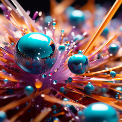 molecule particles colliding inside geometric 3d forms with splashes of colour