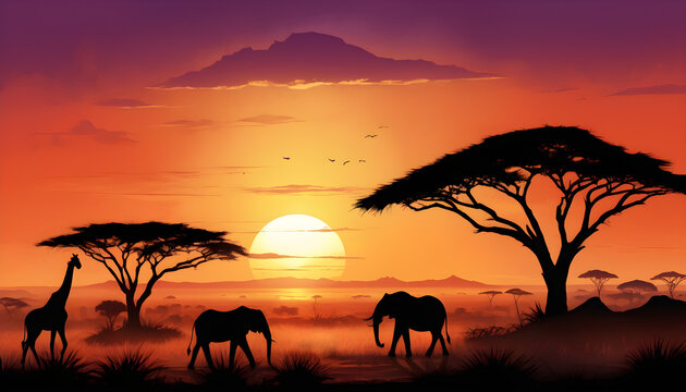 illustration of Serene Sunset Over an African Savanna Featuring Silhouetted Giraffes and Acacia Trees