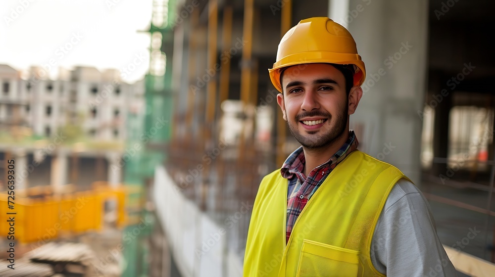 Poster generative ai : civil engineer hispanic smiling with constuction backgrounds, use for banner cover.