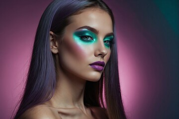 Woman with long straight hair and violet makeup, turquoise palette, sparkling eyes.