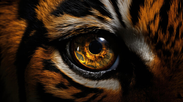 Sharp yellow predator bengal tiger retina iris eye macro closeup details 