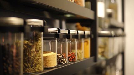 Jars of spices on a shelf in the pantry - obrazy, fototapety, plakaty