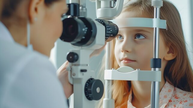 Generative AI : Ophthalmologist examining the eyes of an girl in a clinic