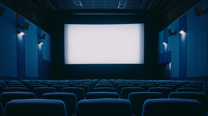 Sala de cinema com a tela em branco e as luzes apagadas