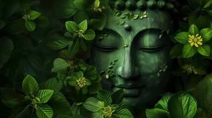 A Buddha statue face peeks through a dense tapestry of lush green leaves and flowers, embodying natural serenity and growth.
