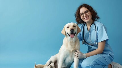 Generative AI : Veterinary Clinic Advertisement Concept. Happy Female Nurse In Scrubs Uniform And Stethoscope Posing With Dog, 