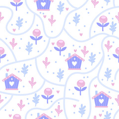 Delicate Seamless pattern with birdhouses and flowers. Can be printed on wrapping paper and fabric.