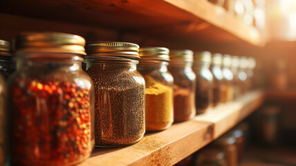 Jars of spices stand on a wooden shelf.