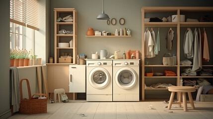 Interior of modern laundry room with washing machine