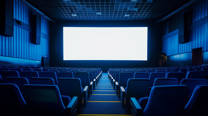 Sala de cinema com a tela em branco e as luzes apagadas - obrazy, fototapety, plakaty