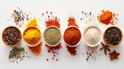 Spices in small bags on a white background.