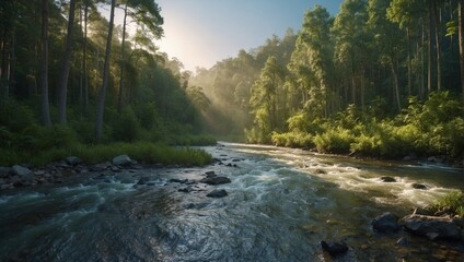 River flowing through the forest with sunlight.