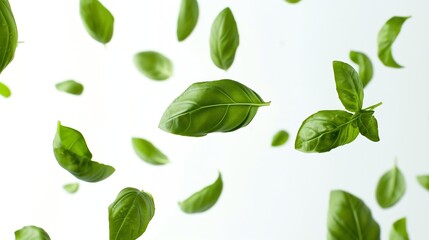 Generative AI : Green basil leaves flying on white background. Fresh levitating leaves isolate