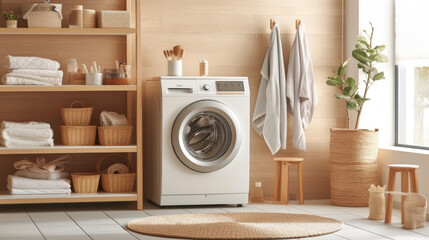Interior of modern laundry room with washing machine