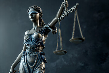 Statue of justice, Lady justice. Statue of Justice in library, Golden scales of justice, books, Statue of Lady Justice., Attorney balance advocate antique beautiful blind blindfold, ai generated