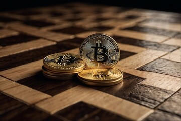 Fototapeta na wymiar Bitcoin coin on a chessboard