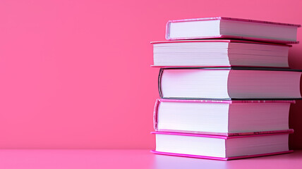 A stack of textbooks on a pink background.