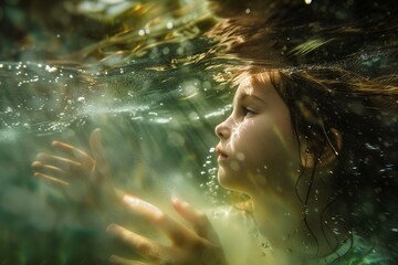 Fototapeta na wymiar a child struggling to swim underwater 