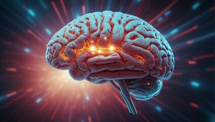 Human brain in a futuristic space with neural network elements