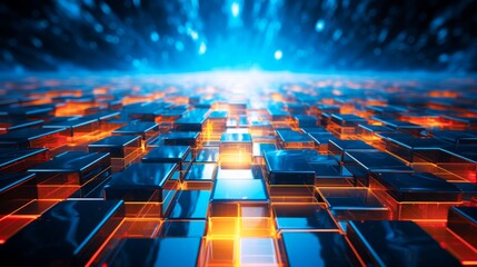 Fototapeta premium Blue and orange cubes with glowing lights in the background, representing the infinite possibilities of the future.