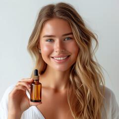 Skin Care. Beauty Portrait Of Woman Holding Bottle With Dropper Near Face. Model Using Natural Cosmetic Product For Hydrated, Glowing And Healthy Facial Derma. Essential Oil For Anti-Aging Therapy.