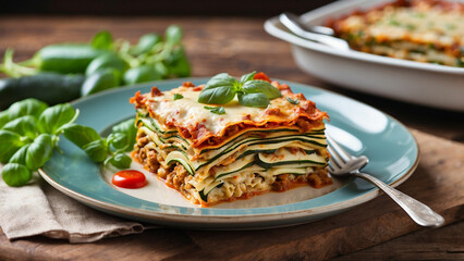 Visual appeal of a zucchini lasagna plated on a traditional dish placed on a rustic wooden table with vibrant colors, textures, and presentation that make it an enticing and appetizing meal