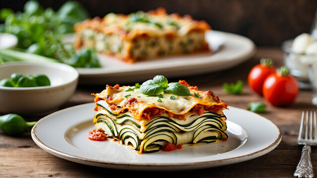 Visual appeal of a zucchini lasagna plated on a traditional dish placed on a rustic wooden table with vibrant colors, textures, and presentation that make it an enticing and appetizing meal