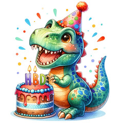 Watercolor illustration of an excited green dinosaur in a party hat, holding a dripping birthday cake with candles amongst a shower of confetti, isolated on transparent background.