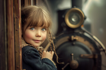 portrait of a happy girl at an old train yard