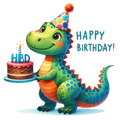 A vibrant illustration of a green dinosaur wearing a party hat and holding a birthday cake with a single candle, with "Happy Birthday" text, isolated on transparent background.