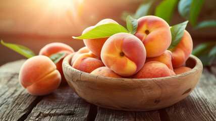 Fototapeta na wymiar Freshly picked peaches on an old wooden table.