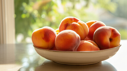 Wooden bowl with peaches on the kitchen table