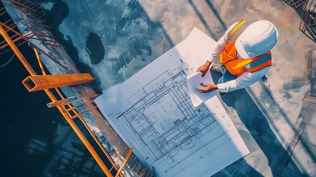 Generative AI : Smart civil architect engineer inspecting and working outdoors structure building site with blueprints. 