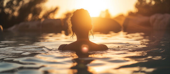 Silhouette of a serene woman in water at sunset, exuding peace and oneness with nature