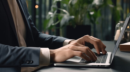 A businessman working on a laptop computer in a modern office