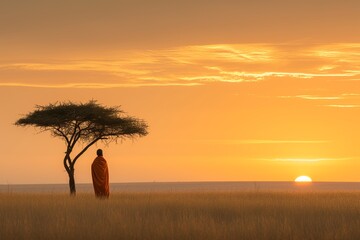 person looking out at the sunset over the savanna 