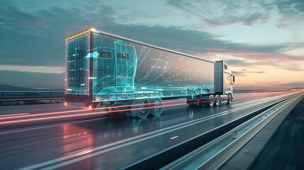 Generative AI : Big White Semi-Truck with Cargo Trailer Drives on the Road is Transformed with Graphics and Special Effects Into Digital Twin Futuristic Concept of Autonomous Vehicle