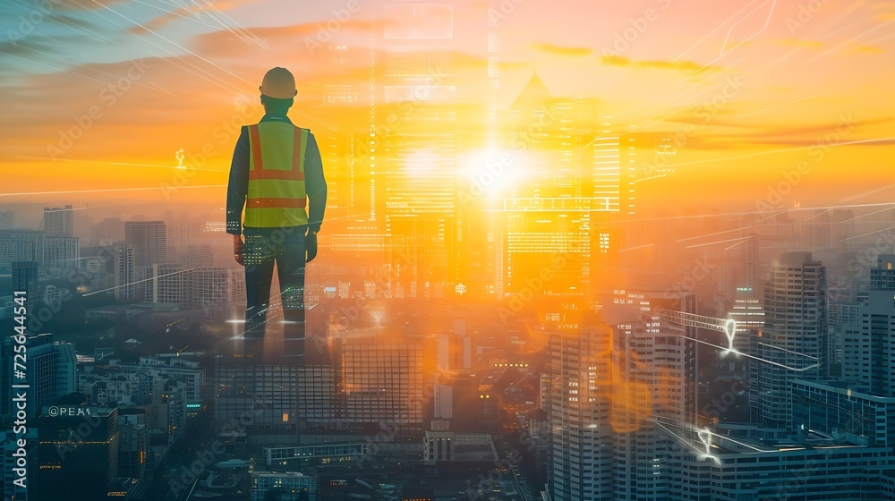 Poster Generative AI : The double exposure image of the engineer standing back during sunrise overlay with cityscape image. 