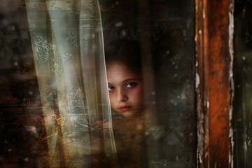 a child looks out an old window
