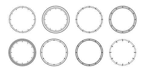 Blank mechanical clock face divided into seconds and minutes. Round meter scale. Watch dial. Timer template. Simple clock face. Vector illustration on white background.