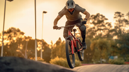 Teenage bmx BMX rider in action at skatepark