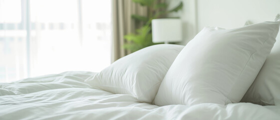 Fototapeta na wymiar Unmade bed with white pillows and sheets, inviting relaxation and the comfort of a peaceful slumber