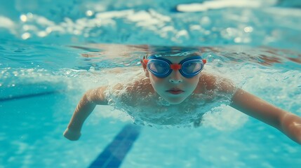 Generative AI : child boy swimmer wearing cap and goggles in a swimming underwater training In the Pool