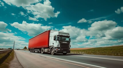 Generative AI : A big white truck with a red trailer and other cars on the countryside road in motion against a blue sky with clouds