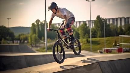 Obraz premium Teenage bmx BMX rider in action at skatepark
