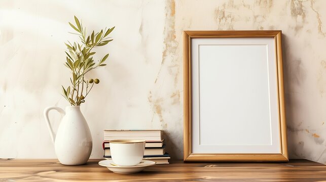Generative AI : Breakfast still life. Cup of coffee, books and empty picture frame mockup on wooden desk